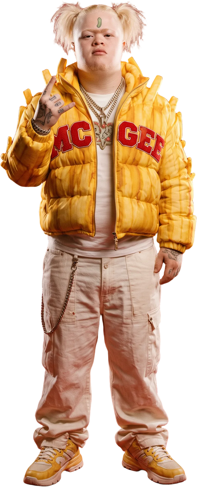 Fries McGee in his fries puffer, iced-out chains and cream pants, throwing up a hand sign